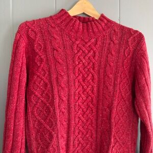 Vintage Red Cable Knit Sweater 90s St John's Bay Wool Silk Flecked Mock Neck L